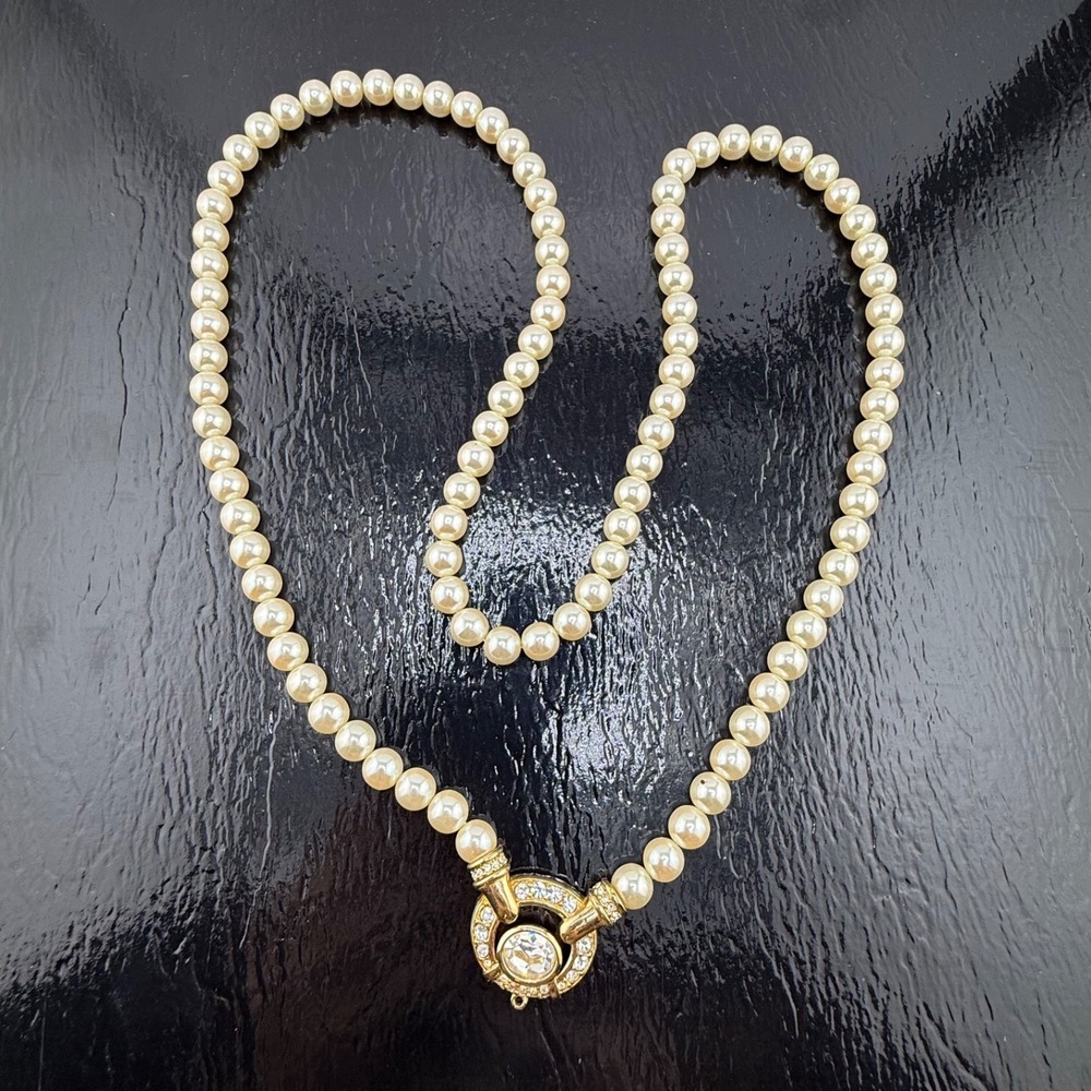 Vintage Swarovski Necklace Gold Imitation Pearl Crystal Beaded Signed 32"